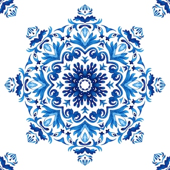 Astratto blu e bianco disegnato a mano mattonelle senza giunte mandala damasco ornamentale pittura ad acquerello pattern.