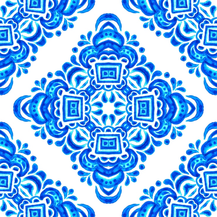 Photo abstract blue and white hand drawn tile seamless ornamental watercolor paint pattern. elegant luxury texture for fabric and wallpapers, backgrounds and page fill.
