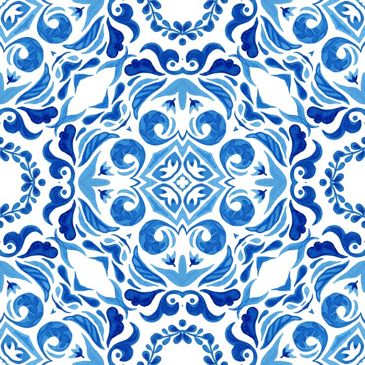Photo abstract blue and white hand drawn tile seamless ornamental watercolor paint pattern.