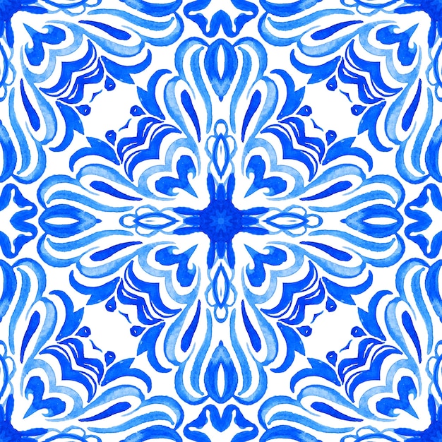 Abstract blue and white hand drawn tile seamless ornamental watercolor paint pattern