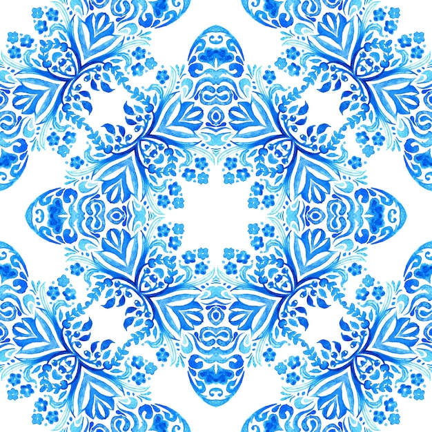 추상 파란색과 흰색 손으로 그린 된 타일 원활한 장식 수채화 페인트 패턴.