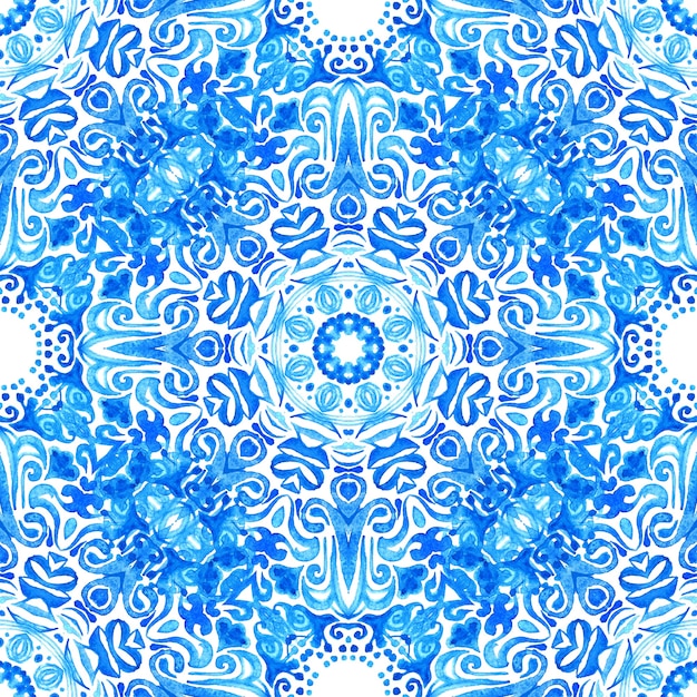 Abstract blue and white hand drawn tile seamless ornamental watercolor paint pattern