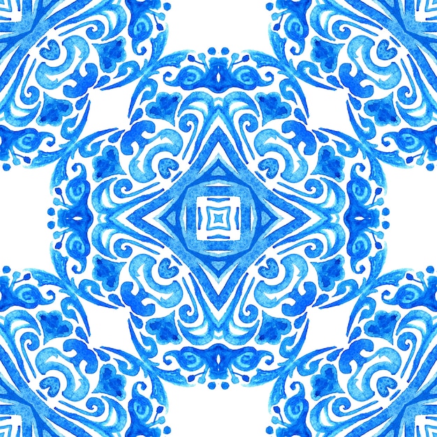 Abstract blue and white hand drawn tile seamless ornamental watercolor paint pattern.