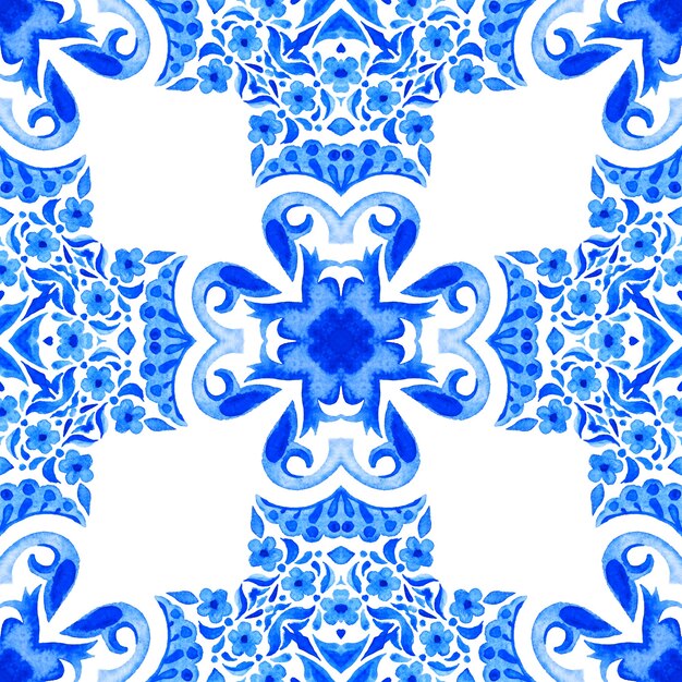 Photo abstract blue and white hand drawn tile seamless ornamental watercolor paint pattern.