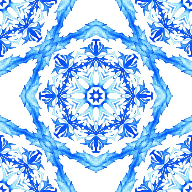 Abstract blue and white hand drawn tile seamless ornamental watercolor paint pattern.