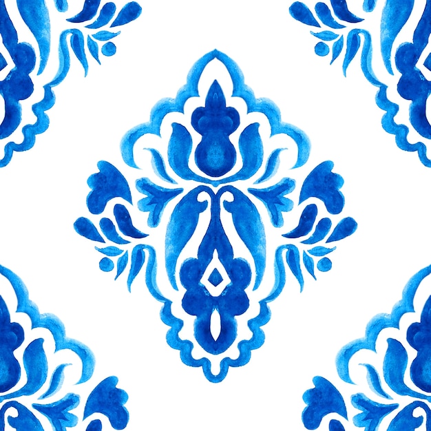 Abstract blue and white hand drawn tile seamless ornamental watercolor paint pattern