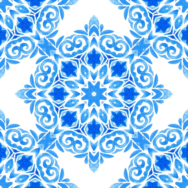 Abstract blue and white hand drawn watercolor floral tile seamless ornamental pattern. Elegant luxury texture for fabric and wallpapers