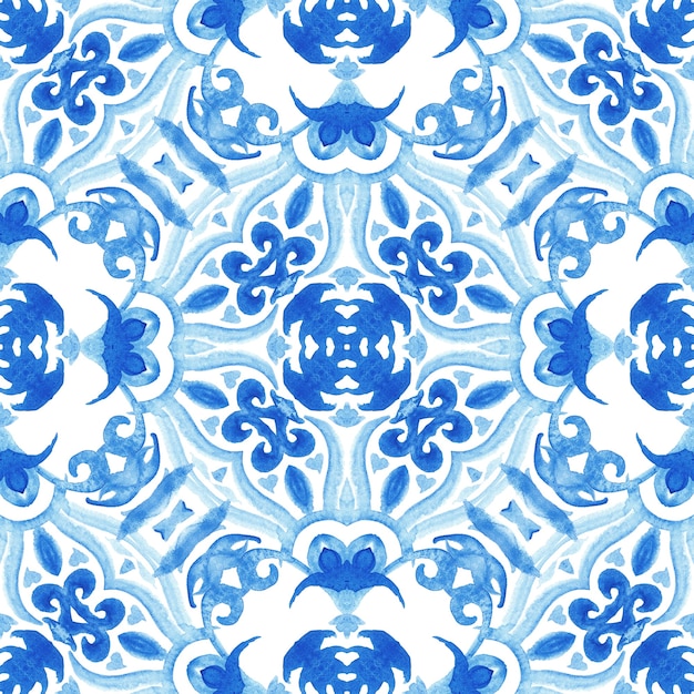 abstract blue and white hand drawn watercolor tile seamless ornamental pattern. elegant luxury texture for fabric and wallpapers