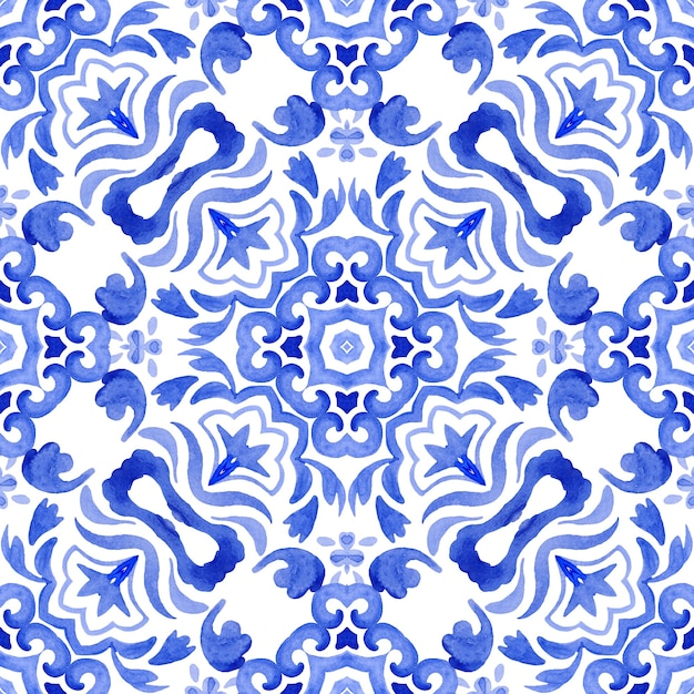 Abstract blue and white hand drawn watercolor tile seamless ornamental pattern
