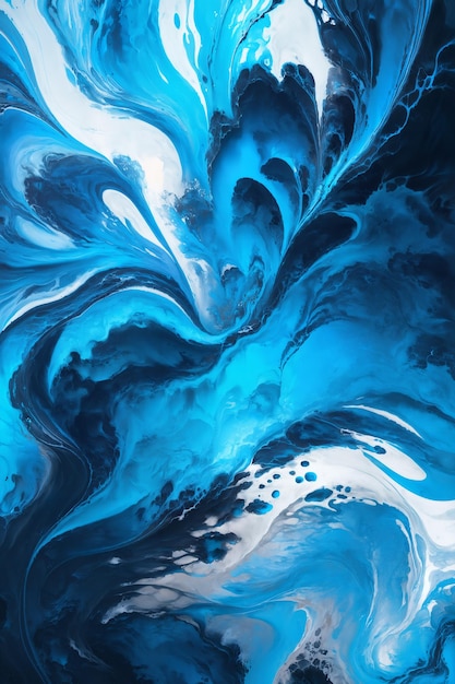 Abstract blue and white liquid paint flowing and mixing background