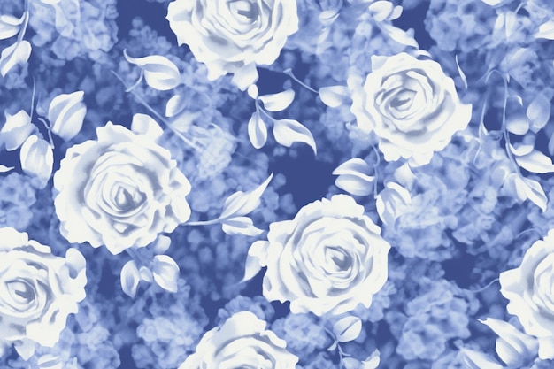 Photo abstract blue and white roses pattern in the style of dreamy watercolor florals