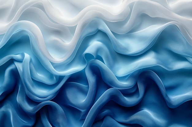 Abstract blue and white silky shiny satin drapery wavy background texture backdrop 3d render