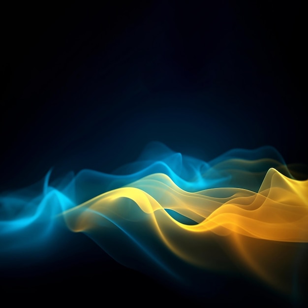 Абстрактный синий и желтый светящийся туманный дым на черном фоне Генеративный AI