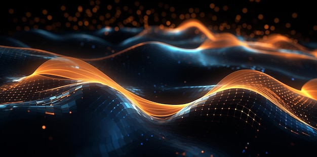 Abstract blue and yellow waves on dark background and bokeh lights