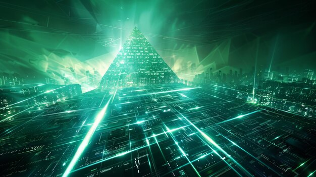 Abstract bluegreen geometric background Glowing linear triangular pyramid in a night city Digital cyber wallpaper