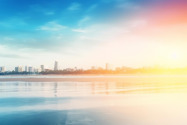 Abstract blur of a beach with white yellow and blue city sky