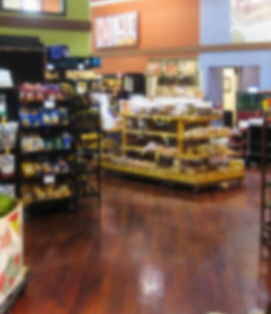 Photo abstract blur shelf in minimart and supermarket for background