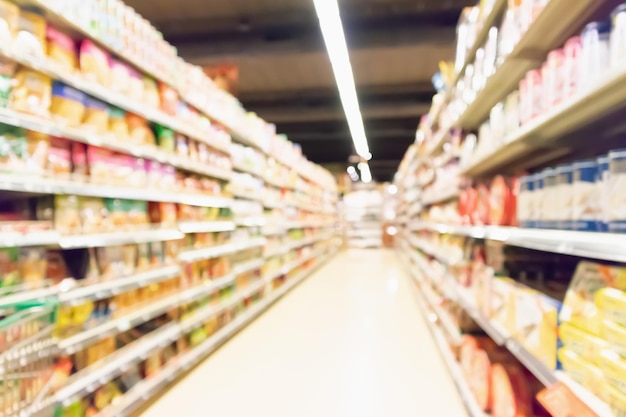 Abstract blur supermarket aisle with product on shelves defocused background