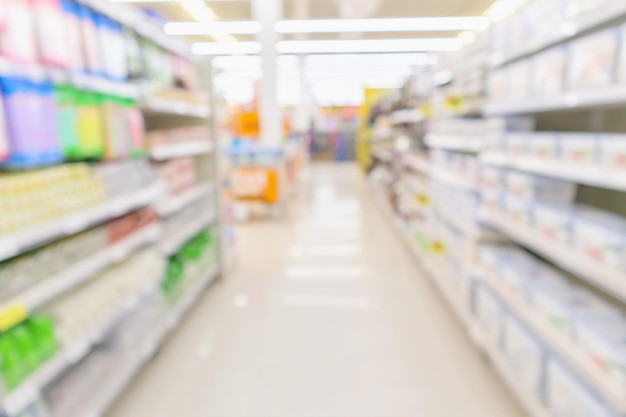 Abstract blur supermarket discount store aisle and product shelves interior defocused background