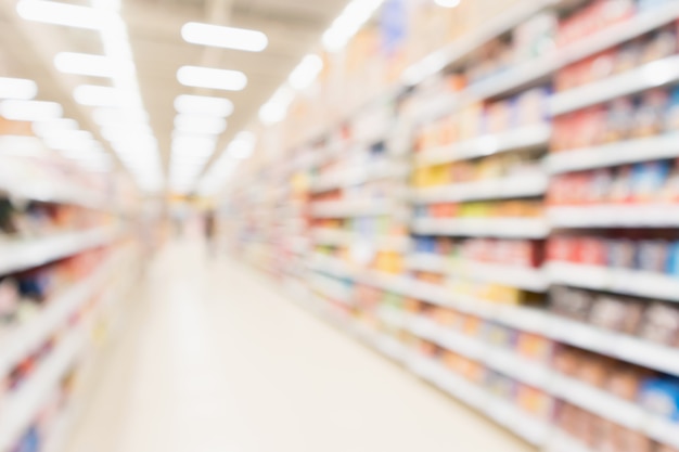 Abstract blur supermarket discount store aisle and product shelves interior defocused background