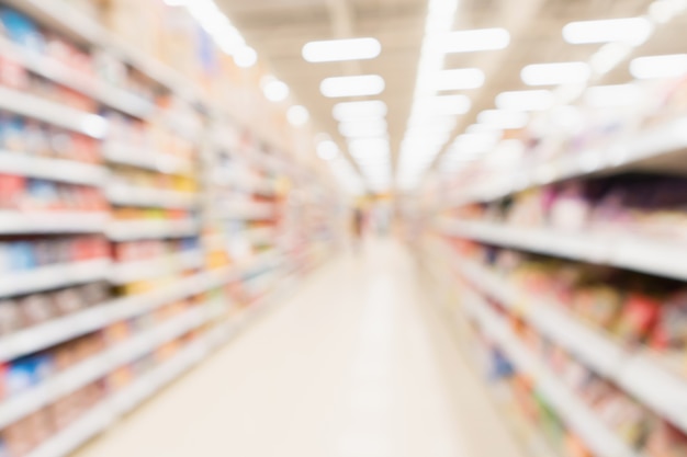 Abstract blur supermarket discount store aisle and product shelves interior defocused background