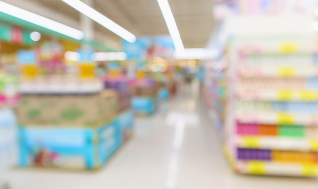 Abstract blur supermarket discount store product shelves interior defocused background