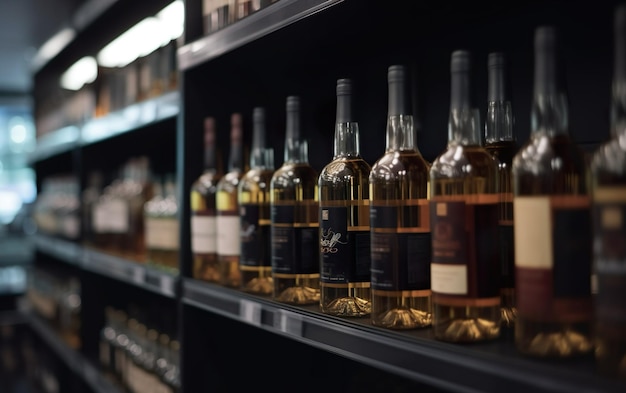 Абстрактное размытие винных бутылок на полках с алкоголем Генеративный ИИ