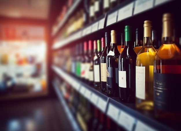 Abstract blur wine bottles on liquor alcohol shelves in supermarket store background Generative AI