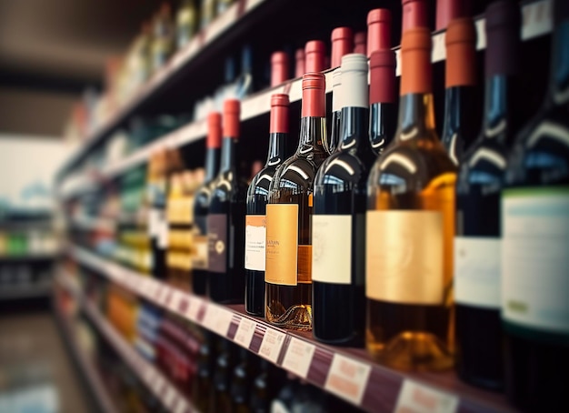 Abstract blur wine bottles on liquor alcohol shelves in supermarket store background Generative AI