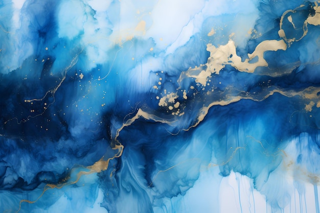 Photo abstract blured blue alcohol ink background gold glitter elements and splashes smudges stains modern horizontal banner marble surface generative ai