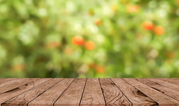 abstract blurred apple farm garden with brown wood perspective 