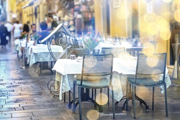 abstract blurred background street cafe in the city, no people, empty, summer restaurant quarantine