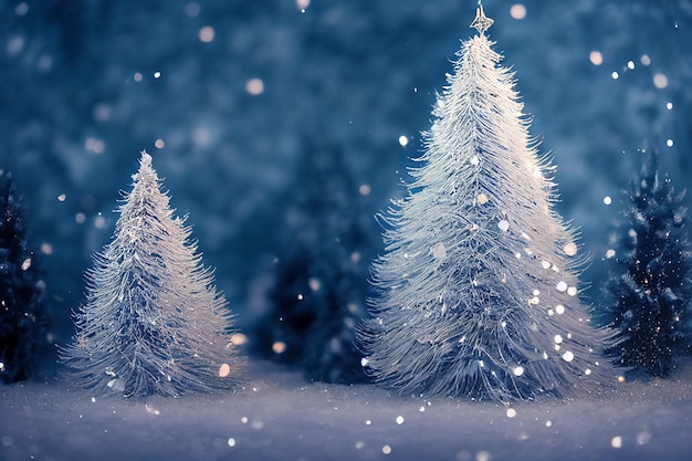 밤에 눈이 내리는 크리스마스 트리의 추상적 흐릿한 보케 배경 및 복사 공간 휴일 및 축하 개념 3d 렌더링