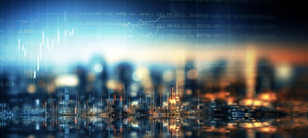 Abstract blurred bokeh effect with stock market charts and banking related imagery in soft focus