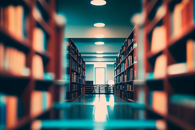 Abstract blurred empty college library interior space Blurry classroom with bookshelves by defocused effect Generative AI