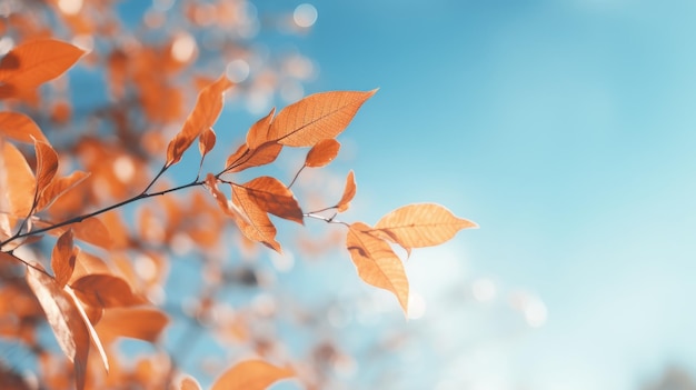 抽象的な秋の葉のぼんやりした画像を青い空の前で生成 AI