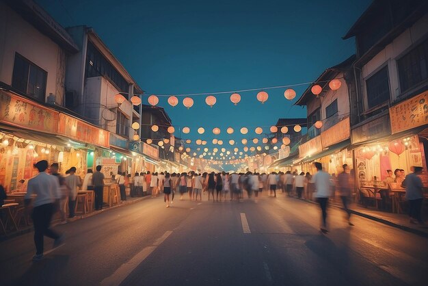 Photo abstract blurred image of night festival on street vintage tone