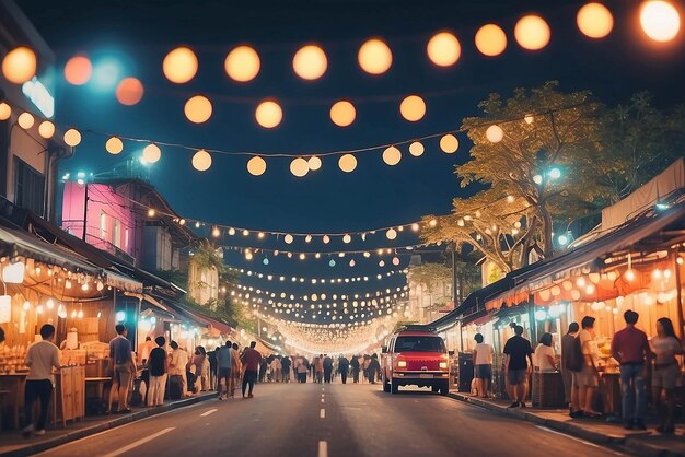 Abstract Blurred image of Night Festival on street with light bokeh for background usage vintage tone