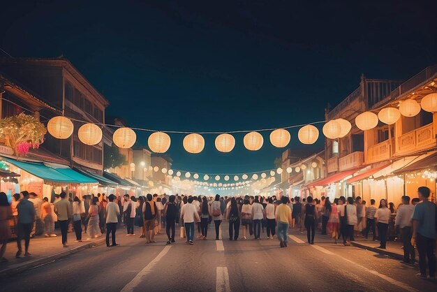 Abstract Blurred image of Night Festival on street with light bokeh for background usage vintage tone