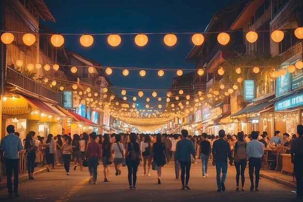 Photo abstract blurred image of night festival on street with light bokeh for background usage vintage tone