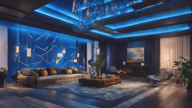 Abstract blurred interior decorated lighting in blue