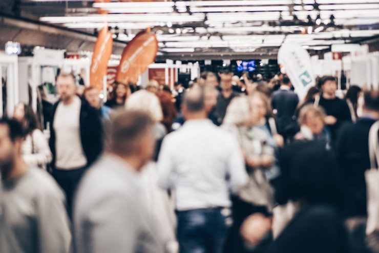 Photo abstract blurred people at exhibition hall of expo event trade show business convention show or job