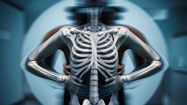 Abstract blurred photo close up examines whole body bone density images of patient during a health