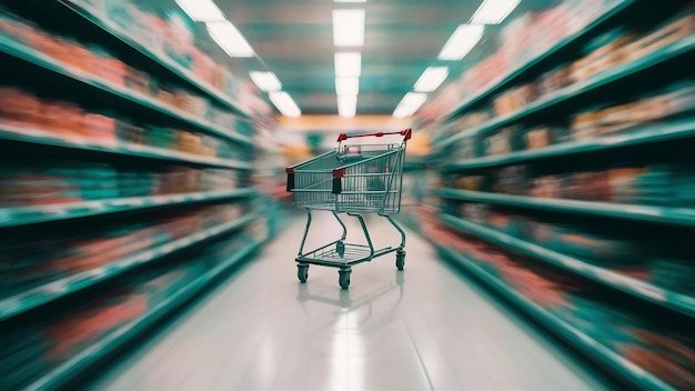 Абстрактное размытое фото супермаркета с пустой корзиной для покупок