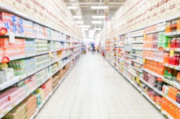 Abstract blurred supermarket aisle with colorful shelves and unrecognizable customers