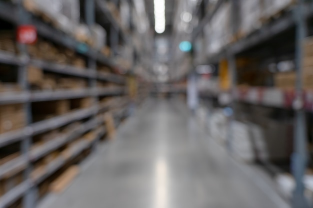 Abstract blurred supermarket view of empty supermarket aisle, defocused blurry