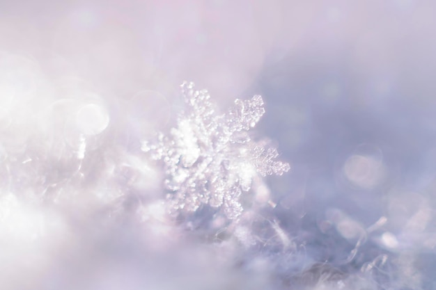 Photo abstract blurry winter background with macro snowflake