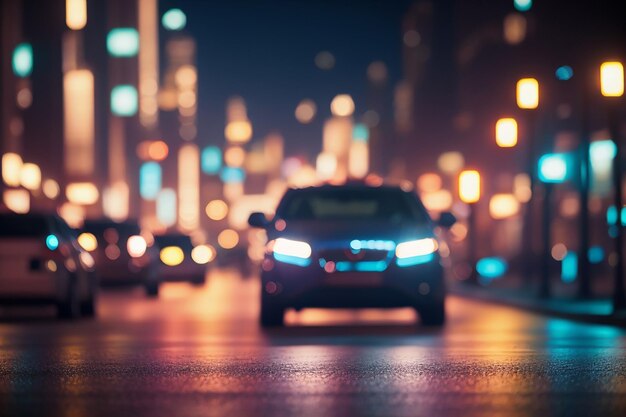 Abstract bokeh background of night street with car and street lamps city life defocused lights from cityscape style color tone concept of abstract stylish urban backgrounds for design copy space