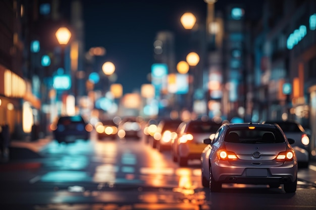 車とストリートランプの夜の通りの抽象的なボケ背景