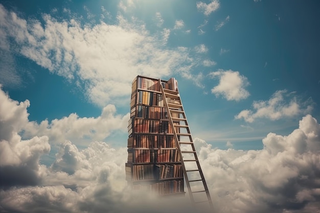 Abstract book stack with ladder on sky with clouds background Knowlenge concept generative ai